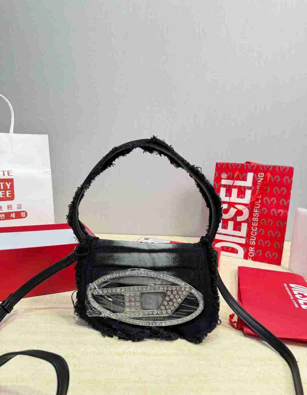 Diesel 1DR Black Frayed Denim Rhinestone Shoulder Bag